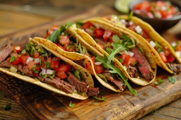 Steak tacos with meat salad and salsa on a board