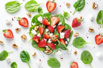 Strawberry salad with spinach nuts and feta cheese on white background Healthy food idea Flat lay top view