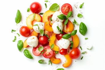 Fototapeta na wymiar Summer Caprese salad with peaches mozzarella and tomatoes on white background