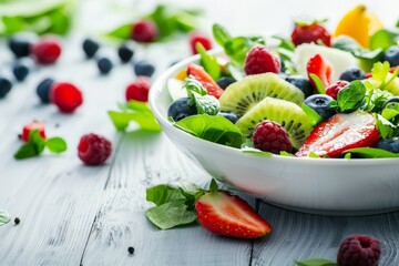 Summer fruit salad on white wooden background selective focus