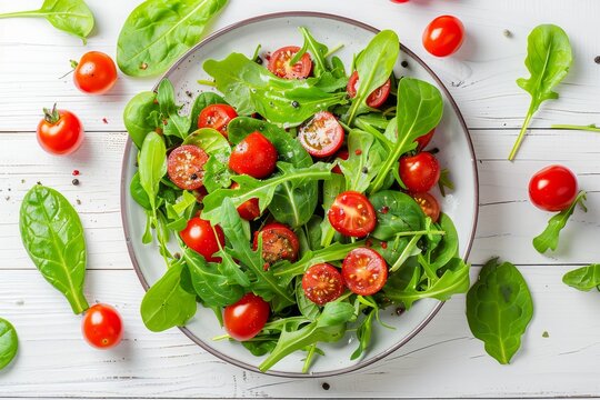 Summer salad with cherry tomatoes spinach and arugula on white background top view