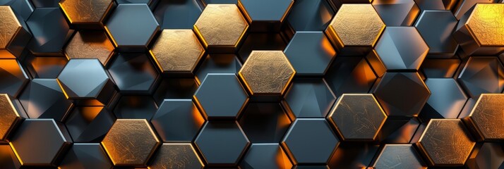 Abstract futuristic luxurious digital geometric technology hexagon background banner illustration 3d. Glowing gold, brown, gray and black hexagonal 3d shape texture wall - obrazy, fototapety, plakaty