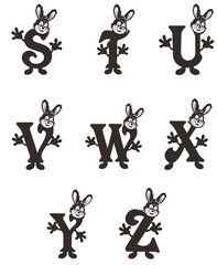 Decorative straight font with rabbit. Simple vector Latin letters with animals on them - complete set from S to Z