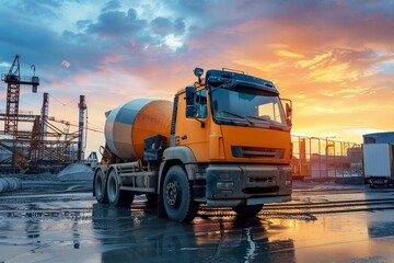 A concrete mixer truck is ready to mix mortar for industrial construction aiming to improve the city s infrastructure - obrazy, fototapety, plakaty
