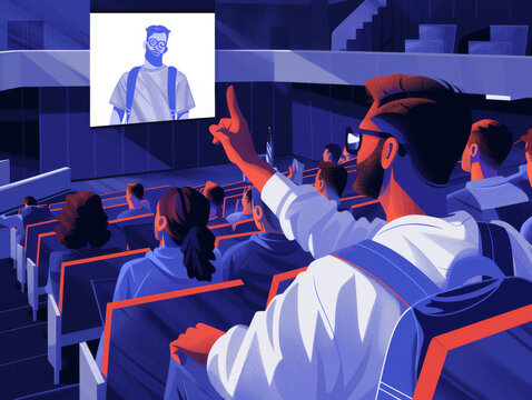 Illustration of a classroom with a projected image of a smiling person, students facing the projection, one raising a hand.