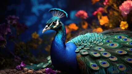 Fototapeta premium Vibrant peacock, a stunning display of nature's beauty, showcasing the colorful plumage and elegant presence of this majestic, a symbol of grace and elegance.