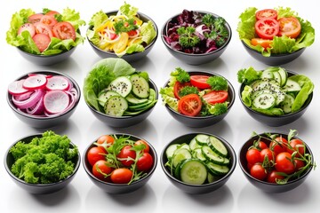 Assortment of salads on a white backdrop