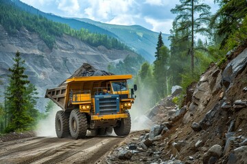 Big dump truck transporting coal sand and rock on dirt road in forest for mining