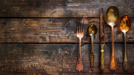 Vintage cutlery set displayed on a wooden surface with empty space for text
