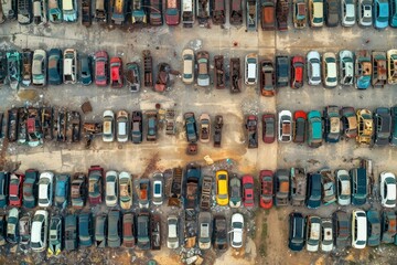 Bird s eye view of large junkyard parking lot with rows of damaged vehicles Recycling old cars