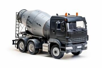 Black and grey concrete mixer truck on white background