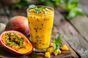 Blend mango and passion fruit for a healthy smoothie on a wooden background