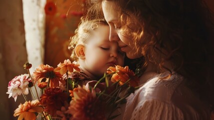 mother and baby with flowers - obrazy, fototapety, plakaty