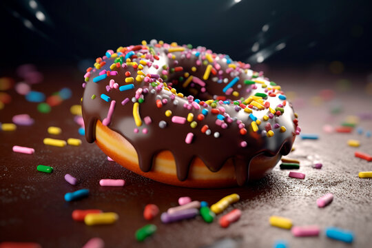 Festive donut. Sweet splash. Chocolate doughnut with glaze and colored splashes, caramel decor, sprinkled. National Donut Day or Fat Thursday. Image for menu, cafe, coffee shop, cover, showcase.