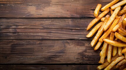 French fries fried to perfection on an elegant antique wooden surface with space for text - obrazy, fototapety, plakaty