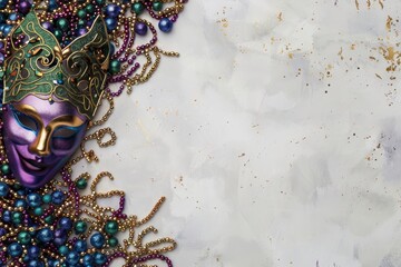 Border assembled from colorful Mardi Gras masks and beads
