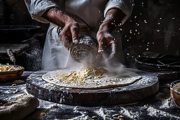 Rolgordijnen chef Worker in workshop cooking bread © masud