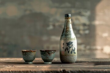 Bottle of sake and pair of cups - obrazy, fototapety, plakaty