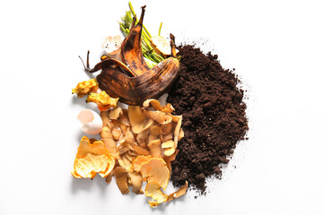 Organic waste and soil on white background. Compost recycling concept