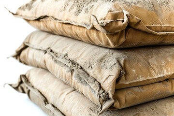Brown and white cement bags on unavailable mortar - obrazy, fototapety, plakaty