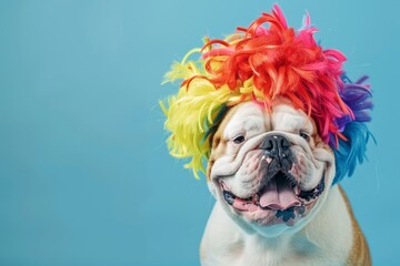 Bulldog wearing clown wig on blue background for April Fools Day Space for text - obrazy, fototapety, plakaty