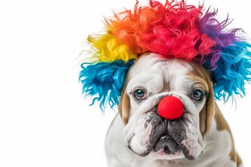 Bulldog wearing clown wig and red nose on white background