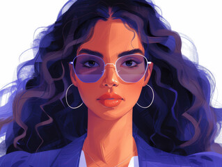 Illustration of a woman with wavy hair and stylish sunglasses.