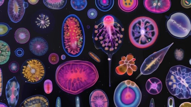 A colorful collage of euglenoids showcasing the diversity of shapes and sizes within this group of unicellular organisms. Some are . AI generation.