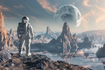 astronaut encountering alien civilization on distant exoplanet ultrarealistic illustration - obrazy, fototapety, plakaty