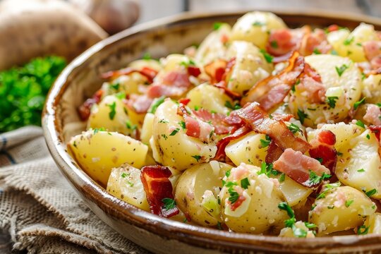 Close up horizontal photo of bacon and potato salad in a bowl