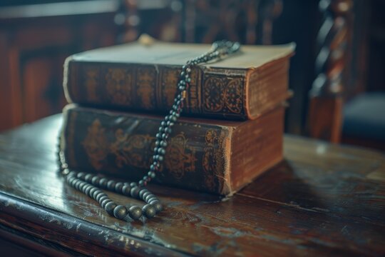 Catholic Church liturgy book and rosary beads on table