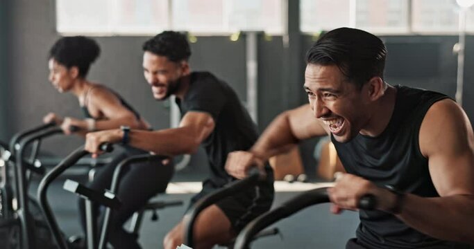 Friends, workout and gym together with endurance for stamina, training and exercise to build muscle on arms or legs. People, crosstrainer or cycling bike for cardiovascular strength and determination