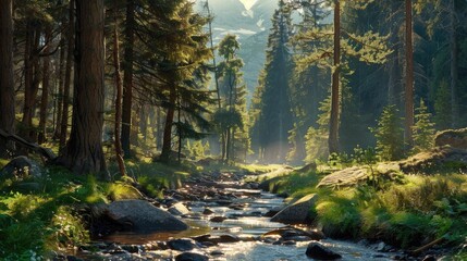 Tranquil forest landscape featuring a meandering stream and towering trees - obrazy, fototapety, plakaty