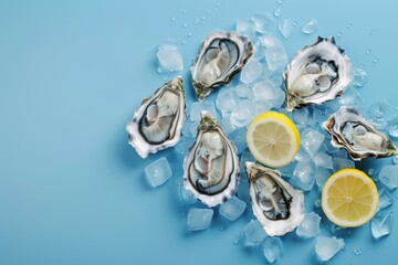 Chilled oysters with lemon on blue background perfect for a menu