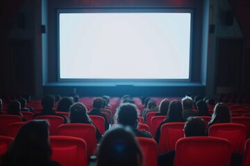 Cinema with wide screen red chairs and blurred silhouettes of people watching a movie