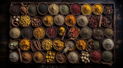 Spices and herbs in wooden bowls on rustic background, top view