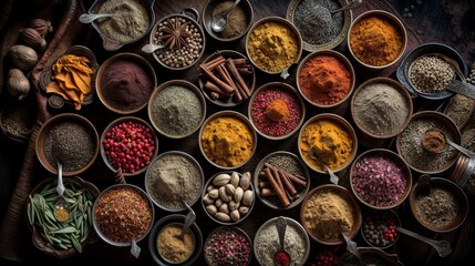 Spices and herbs in metal bowls. Food and cuisine ingredients. - Powered by Adobe