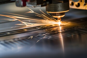 Close up laser cutting of sheet metal with sparks Shallow depth of field Authentic shooting in challenging conditions Laser sparks flying