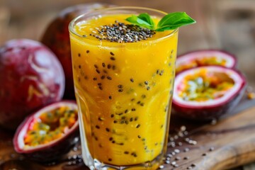 Closeup of a passion fruit milk and chia seed smoothie on a wooden table