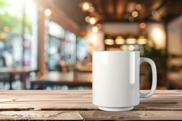 blank white coffee mug mockup on wooden table blurred cafe interior background product display template