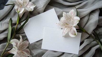 White blank cards displayed on textured grey fabric adorned with delicate alstroemeria flowers