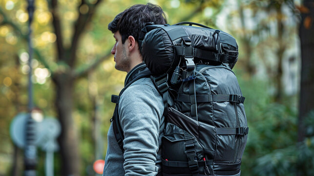 A backpack with adjustable straps and a hidden pocket for a travel pillow.