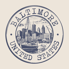 Baltimore, Maryland Stamp City Postmark. Silhouette Postal Passport. Round Vector Icon. Vintage Postage Design