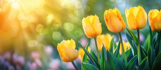 Background for Easter with pretty yellow tulips. Background of flowers for the summer season.