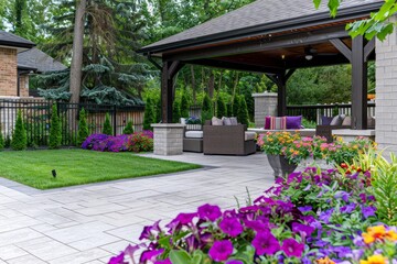 Exterior patio with Brussel block design pavers covered gazebo petunias and seating - obrazy, fototapety, plakaty