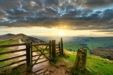 The Great Ridge at sunrise. Mam Tor hill in Peak District. United Kingdom  - 787630174