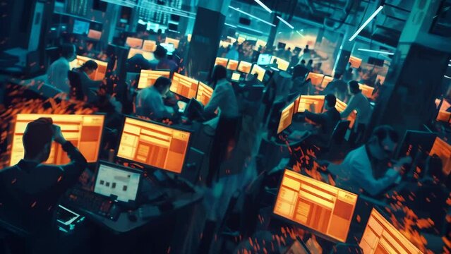 Stock market traders at a securities exchange work while looking at multiple computer monitors. 