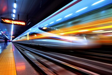 Fototapeta na wymiar fast train speeding through blurred station background
