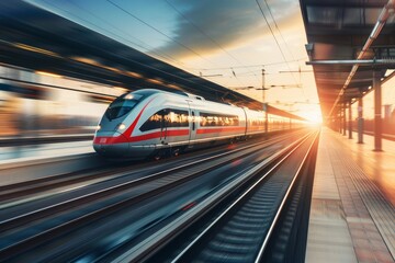 Fast train moving on European station platform during sunset with motion blur effect Industrial landscape with passenger train on railroad