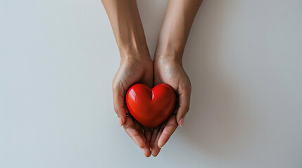 Cupped Hands Gently Holding a Glossy Red Heart, Symbolizing Care and Compassion on a Neutral Background